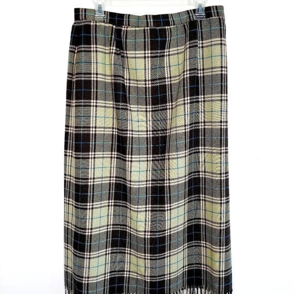 Evan Picone Blanket Wrap Maxi Skirt Green Plaid Wool-blend Fringed Lined Size 16 - Picture 12 of 12